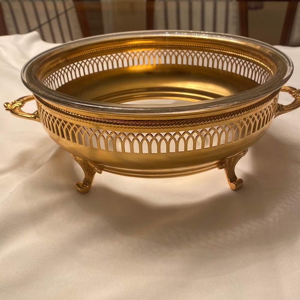 Glass salad or soup bowl with a gold color stand